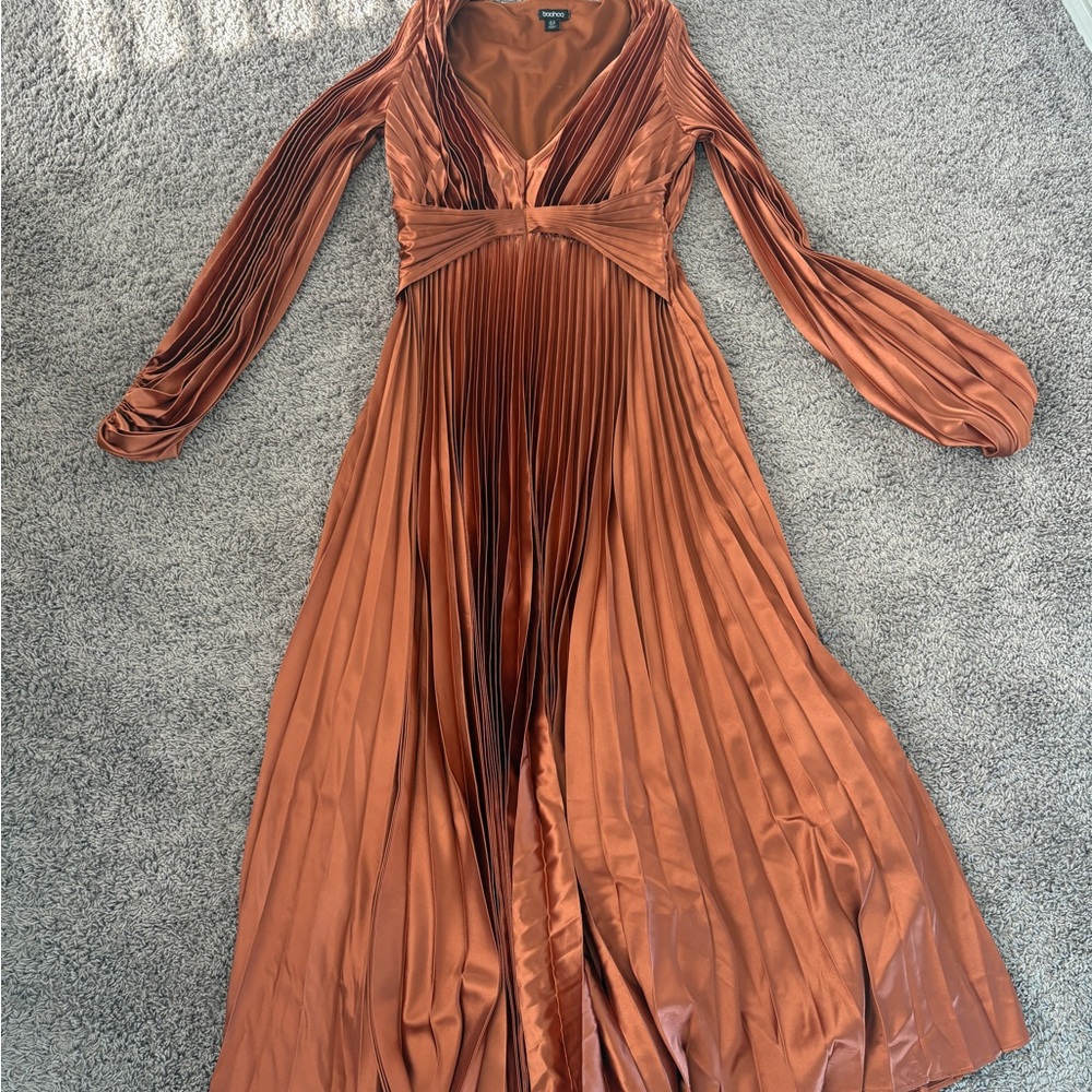 Elegant Copper Pleated Maxi Dress
